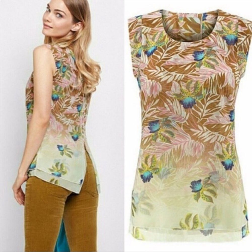 CAbi Pink Blouse Top Shirt Cream Floral Sleeveless Skokie Back Sheer Boho Sz XS